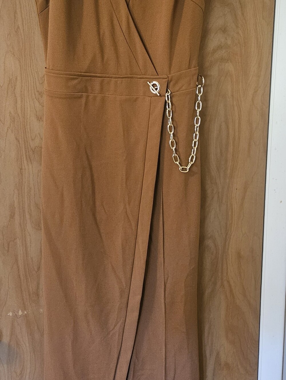 Women's Wrap Jumpsuit with Chain Detail - Brown